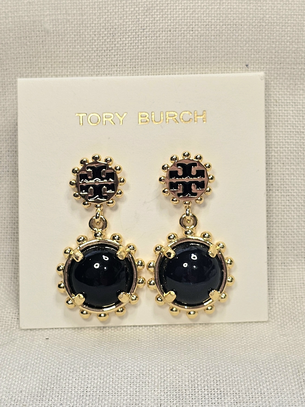 Tory Burch Winslow Drop Earrings Black and Gold New On Card